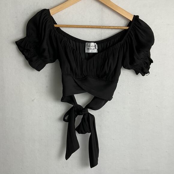 Hello Molly Womens Black Puff Sleeve Tie back Crop Top Small - Picture 3 of 5